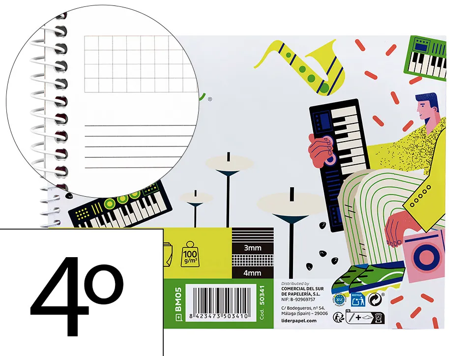 Bloc de musique liderpapel port es interlignes de 3mm avec grille de 4x4 mm pour anotations 20 feuilles