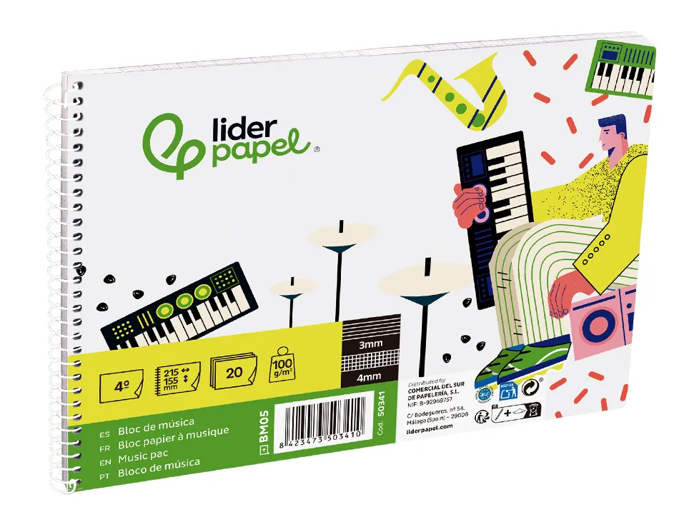 Bloc de musique liderpapel port es interlignes de 3mm avec grille de 4x4 mm pour anotations 20 feuilles