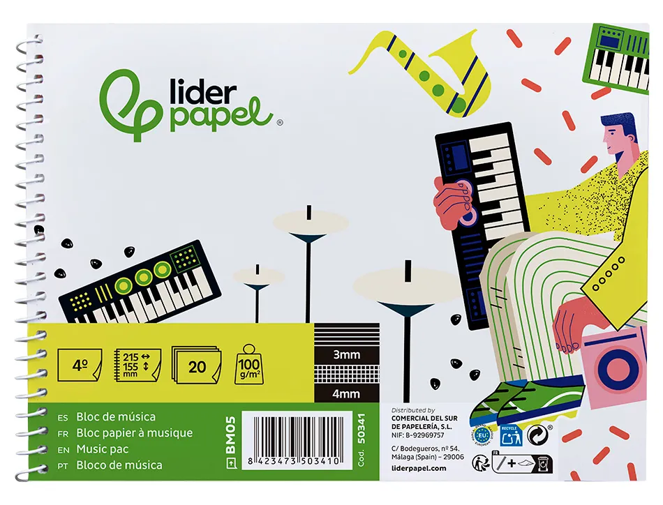 Bloc de musique liderpapel port es interlignes de 3mm avec grille de 4x4 mm pour anotations 20 feuilles