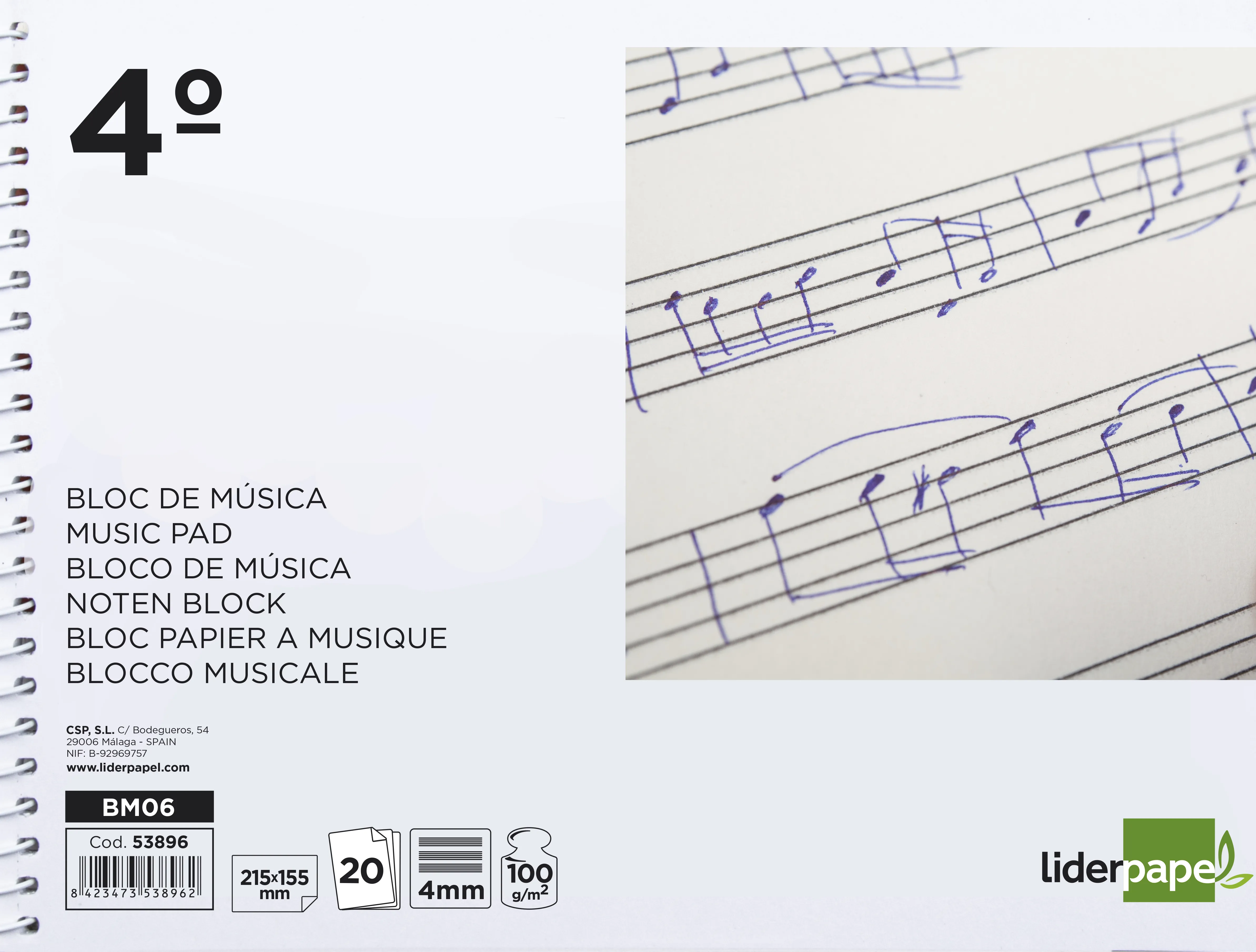 Bloc de musique liderpapel 5 port es par page interlignes de 4mm 20 feuilles 100g/m2