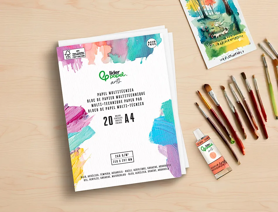 Bloc de papier multi-techniques liderpapel format a4 pour acrylique huile et gouache 20 feuilles