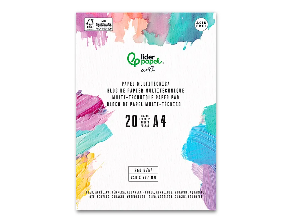 Bloc de papier multi-techniques liderpapel format a4 pour acrylique huile et gouache 20 feuilles
