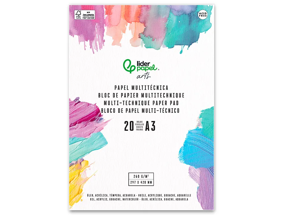 Bloc de papier multi-techniques liderpapel format a3 pour acrylique huile et gouache 20 feuilles