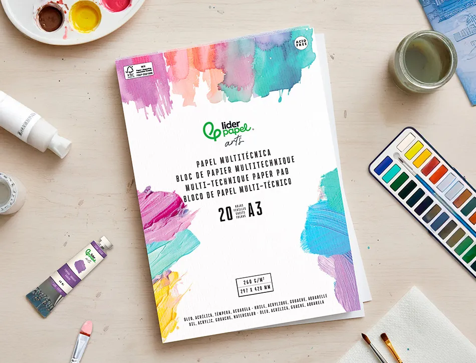 Bloc de papier multi-techniques liderpapel format a3 pour acrylique huile et gouache 20 feuilles