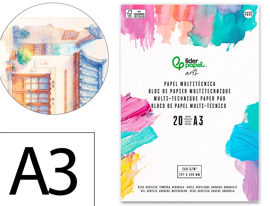 Bloc de papier multi-techniques liderpapel format a3 pour acrylique huile et gouache 20 feuilles