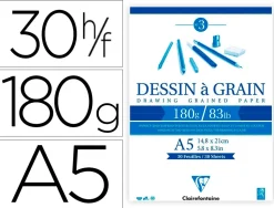 Bloc dessin grain clairefontaine a5 encoll blanc 14,8cmx21cm 180gr 30f