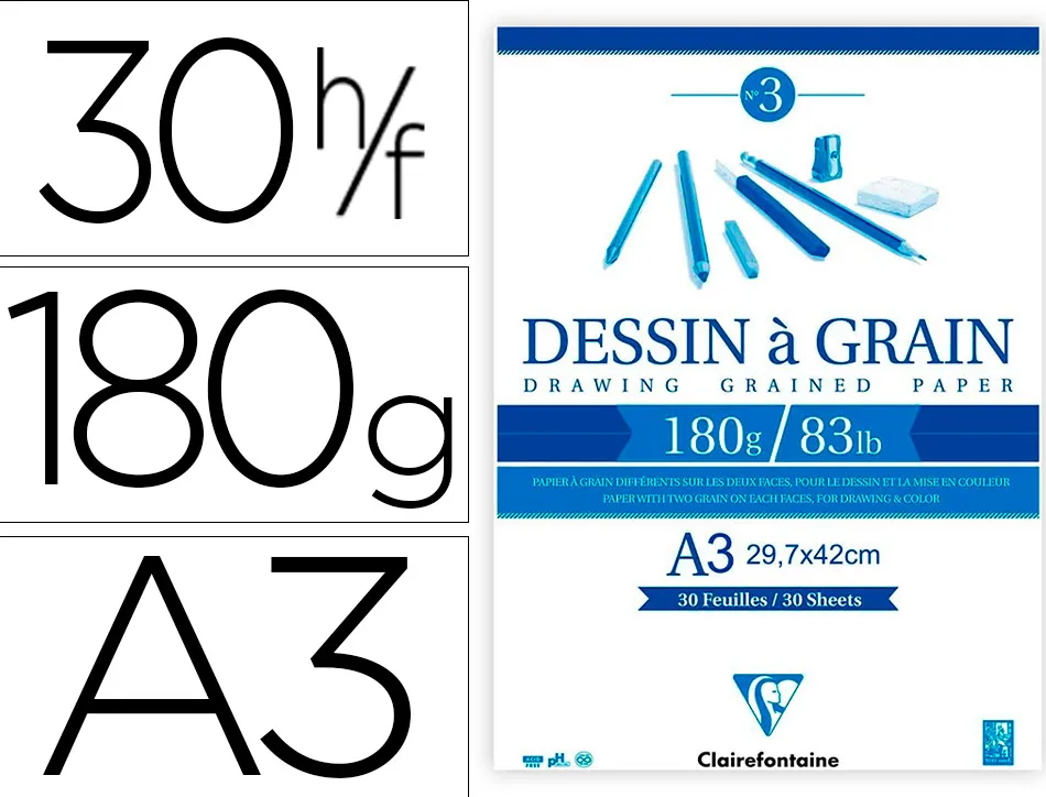 Bloc dessin grain clairefontaine a3 encoll blanc 29,7cmx42cm 180gr 30f