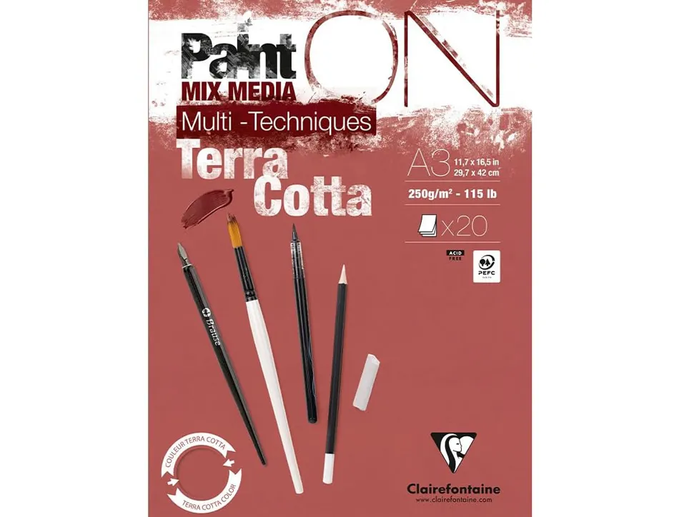 Bloc dessin clairefontaine paint on encolle a3 20 feuilles 250g coloris terracotta