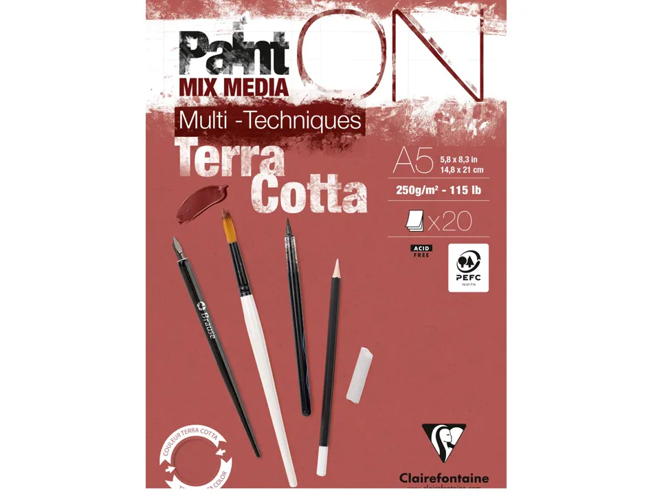Bloc dessin clairefontaine paint on encolle a5 20 feuilles 250g coloris terracotta