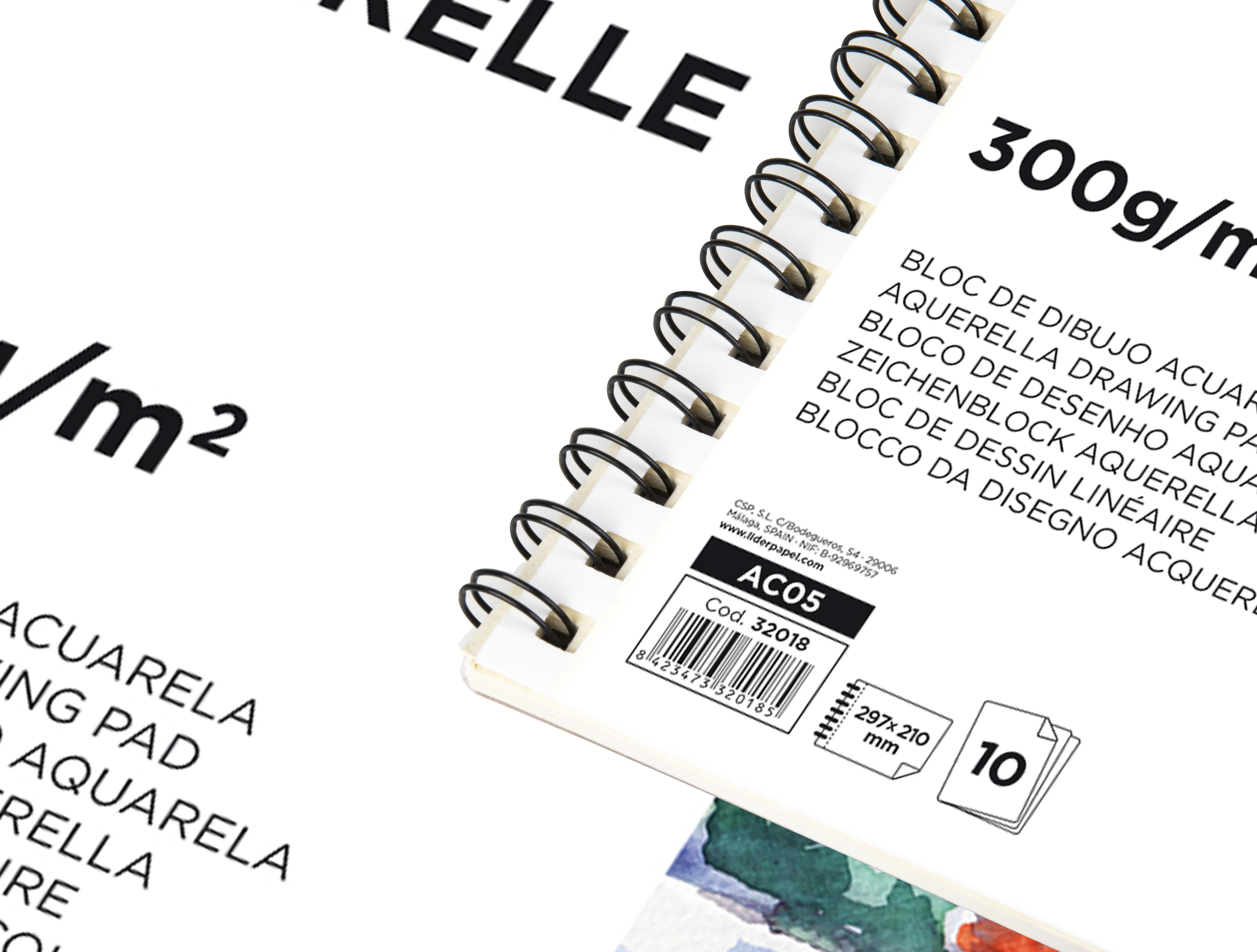 Bloc dessin liderpapel aquarelle spirale papier grain moyen lisse 300g/m2 format a4 297x210mm 10f