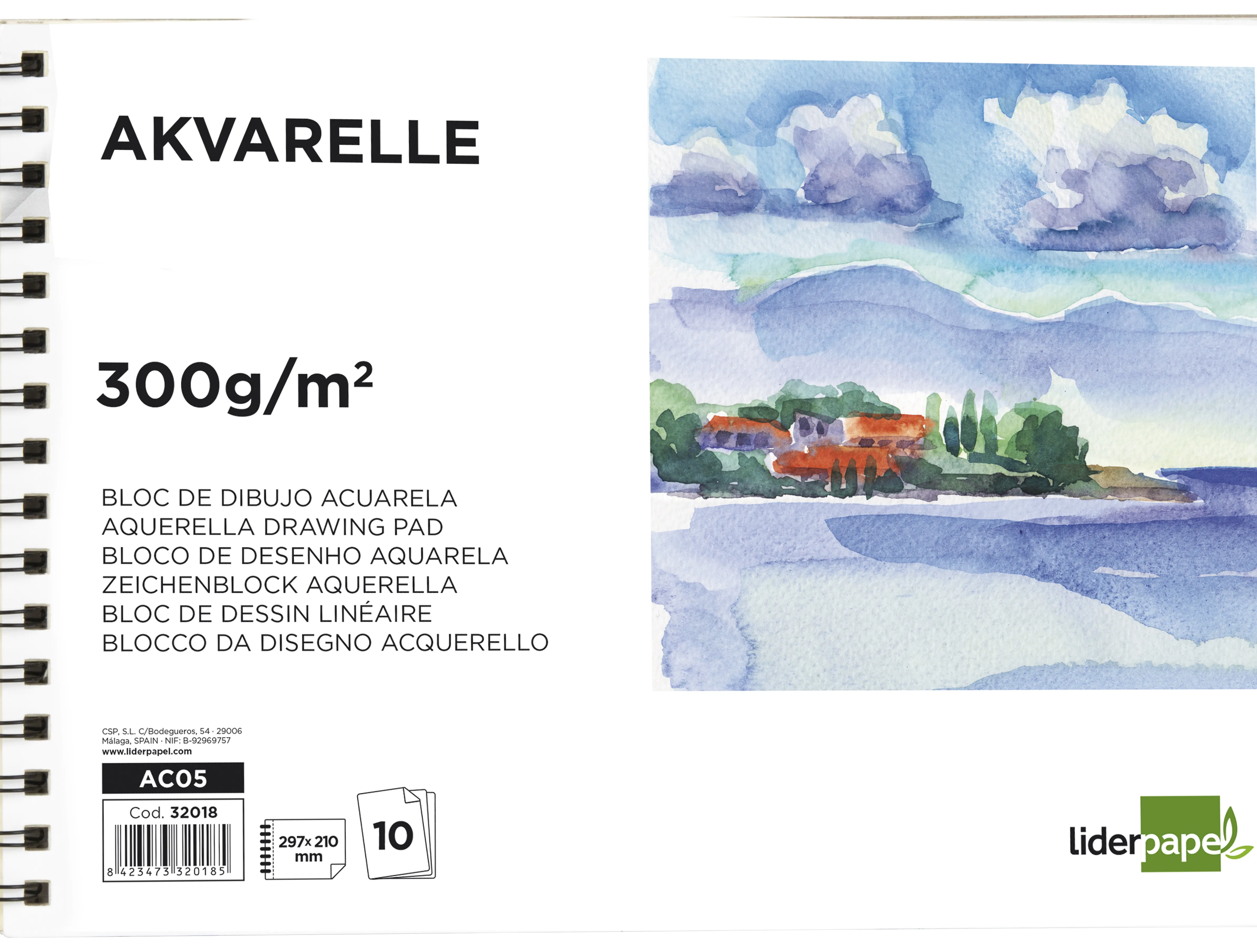 Bloc dessin liderpapel aquarelle spirale papier grain moyen lisse 300g/m2 format a4 297x210mm 10f