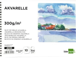 Bloc dessin liderpapel aquarelle spirale papier grain moyen lisse 300g/m2 format a3 420x297mm 10f