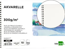 Bloc dessin liderpapel aquarelle spirale papier grain moyen lisse 300g/m2 format a3 420x297mm 10f
