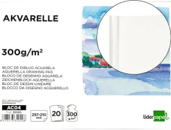 Bloc dessin liderpapel aquarelle encollé papier grain moyen lisse 300g/m2 format a4 297x210mm 20f