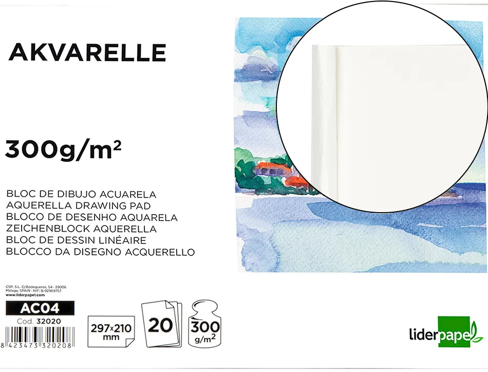 Bloc dessin liderpapel aquarelle encollé papier grain moyen lisse 300g/m2 format a4 297x210mm 20f