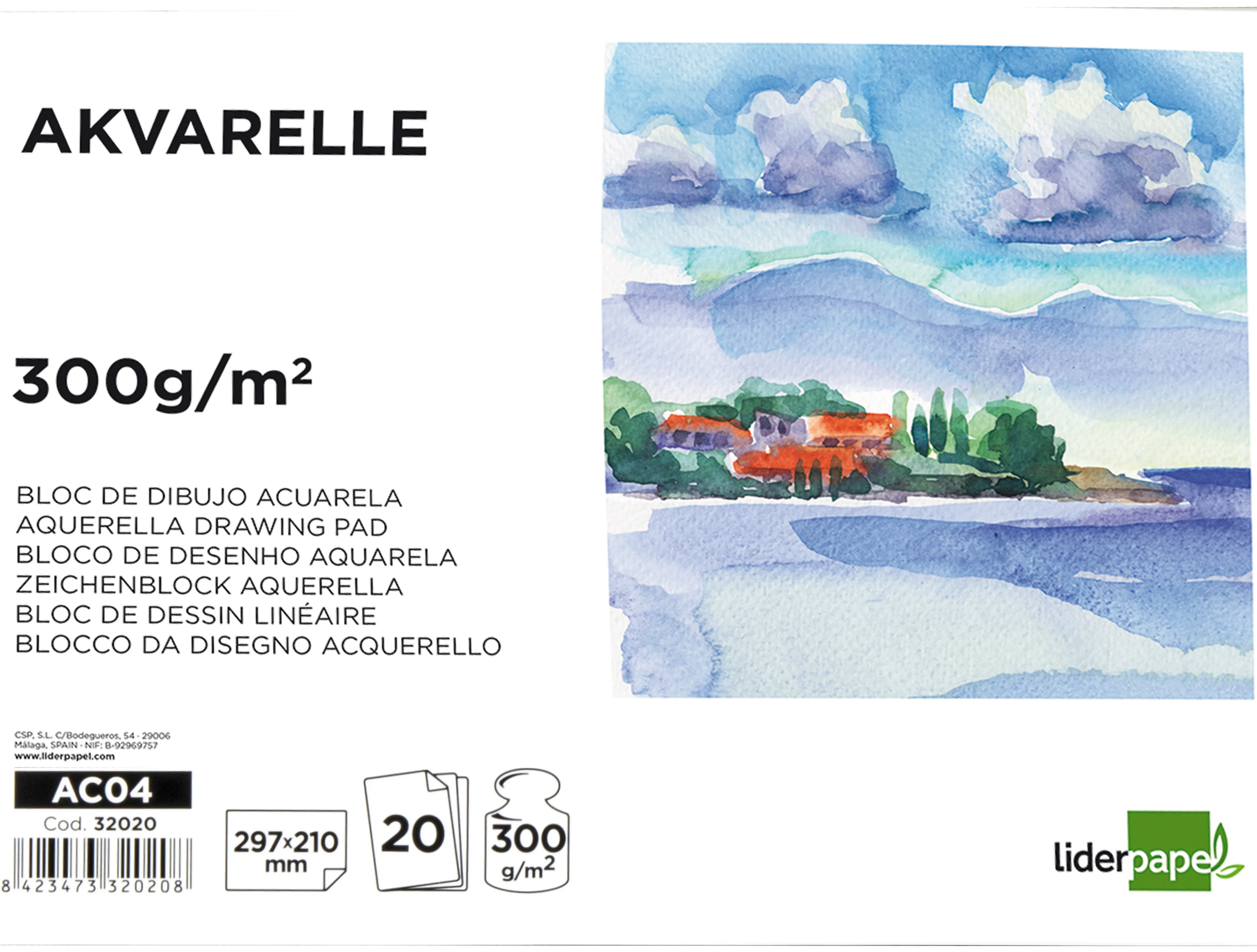 Bloc dessin liderpapel aquarelle encollé papier grain moyen lisse 300g/m2 format a4 297x210mm 20f