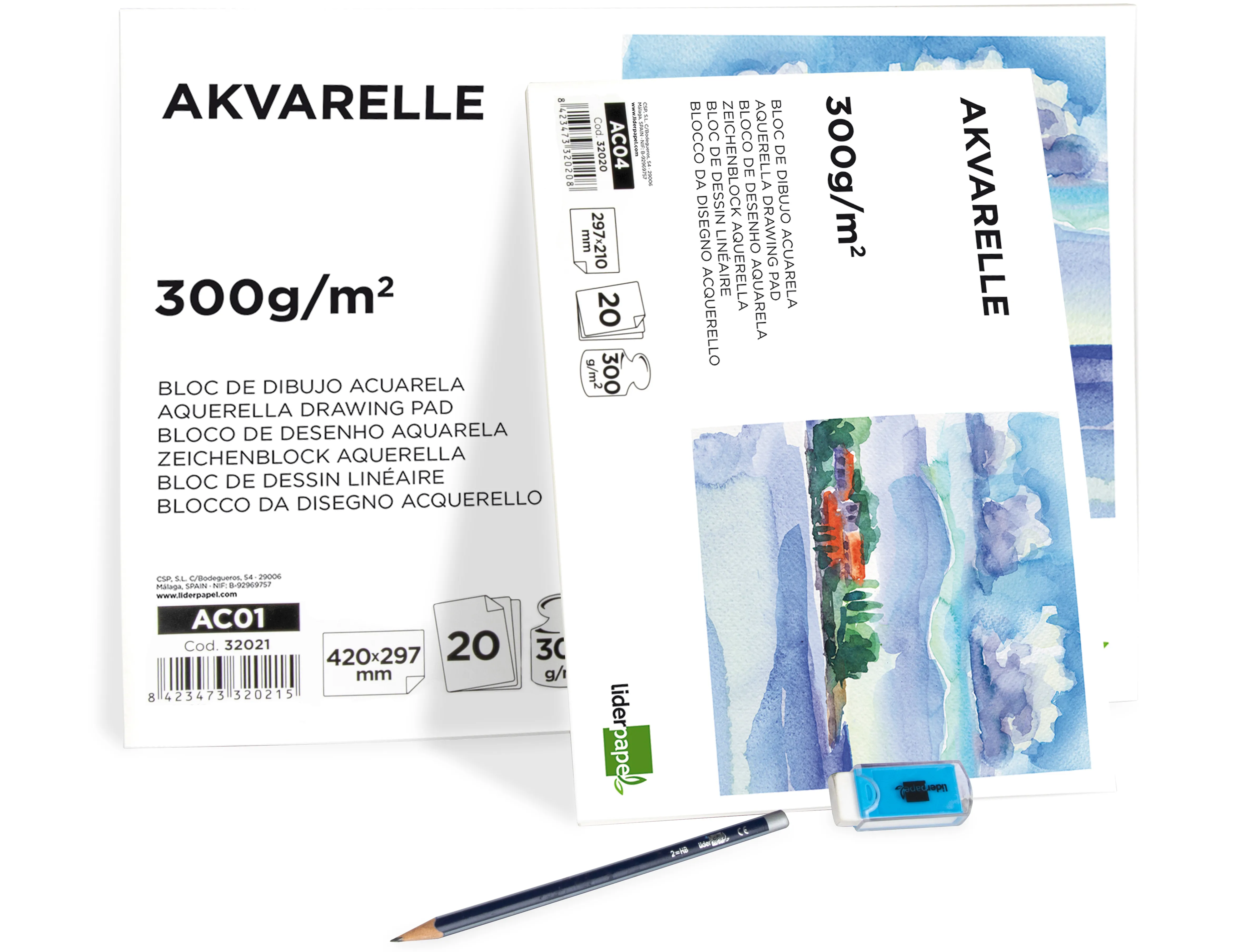 Bloc dessin liderpapel aquarelle encollé papier grain moyen lisse 300g/m2 format a4 297x210mm 20f