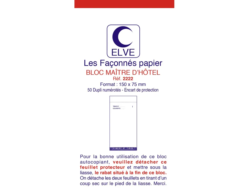 Bloc maître d'hôtel elve papier autocopiant numéroté 1/50 75x150mm 50 duplis bleu rouge