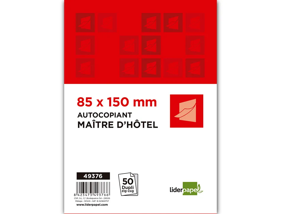 Bloc maître hôtel liderpapel papier autocopiant 85x150mm 50 duplis
