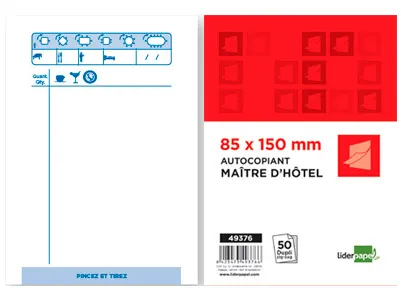 Bloc maître hôtel liderpapel papier autocopiant 85x150mm 50 duplis