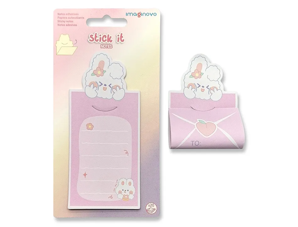 Bloc notes imaginovo adhesifs letter avec message au dos lapin rose 20 feuilles 85x164 mm