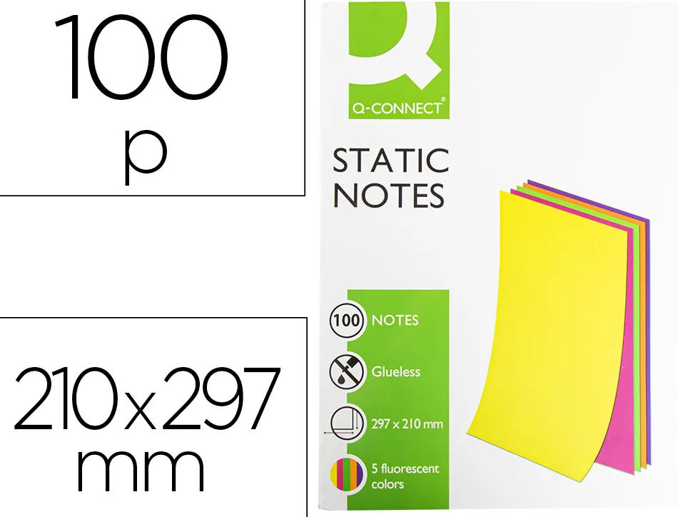Bloc notes q-connect quick notes 210x297m 100f electro statiques repositionables coloris neon