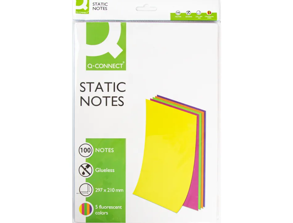 Bloc notes q-connect quick notes 210x297m 100f electro statiques repositionables coloris neon