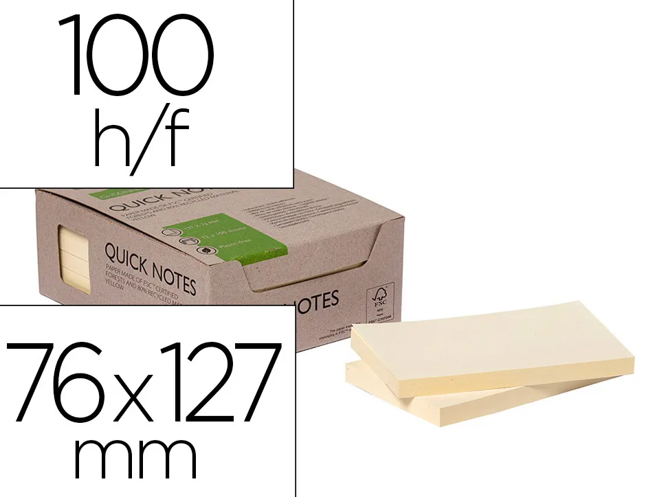 Bloc notes q-connect quick notes 76x127mm 100f adhesives repositionables coloris jaune pack 12 unites