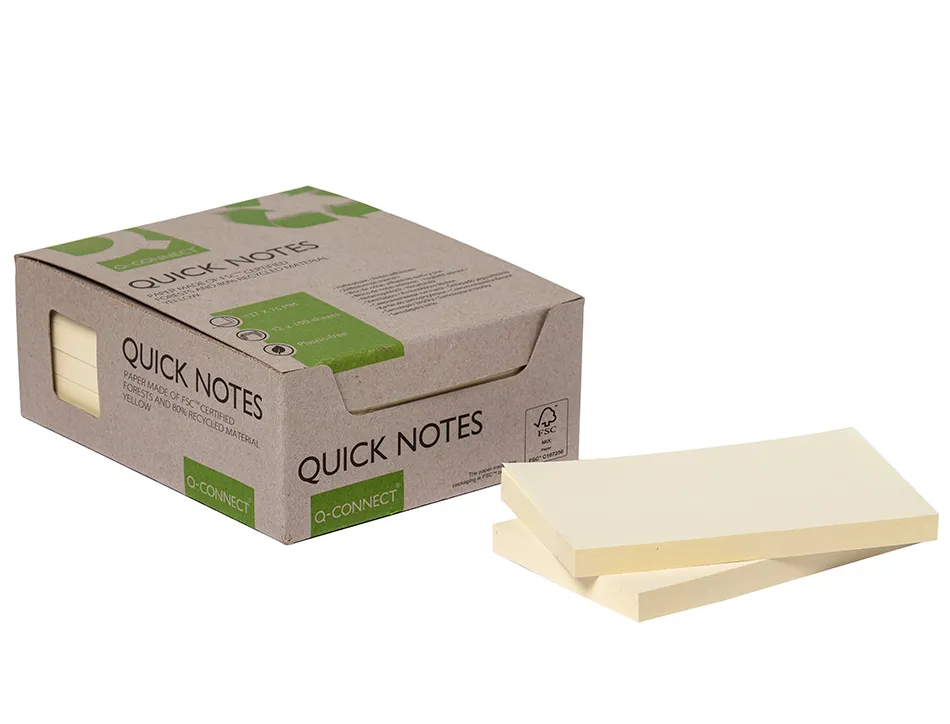 Bloc notes q-connect quick notes 76x127mm 100f adhesives repositionables coloris jaune pack 12 unites
