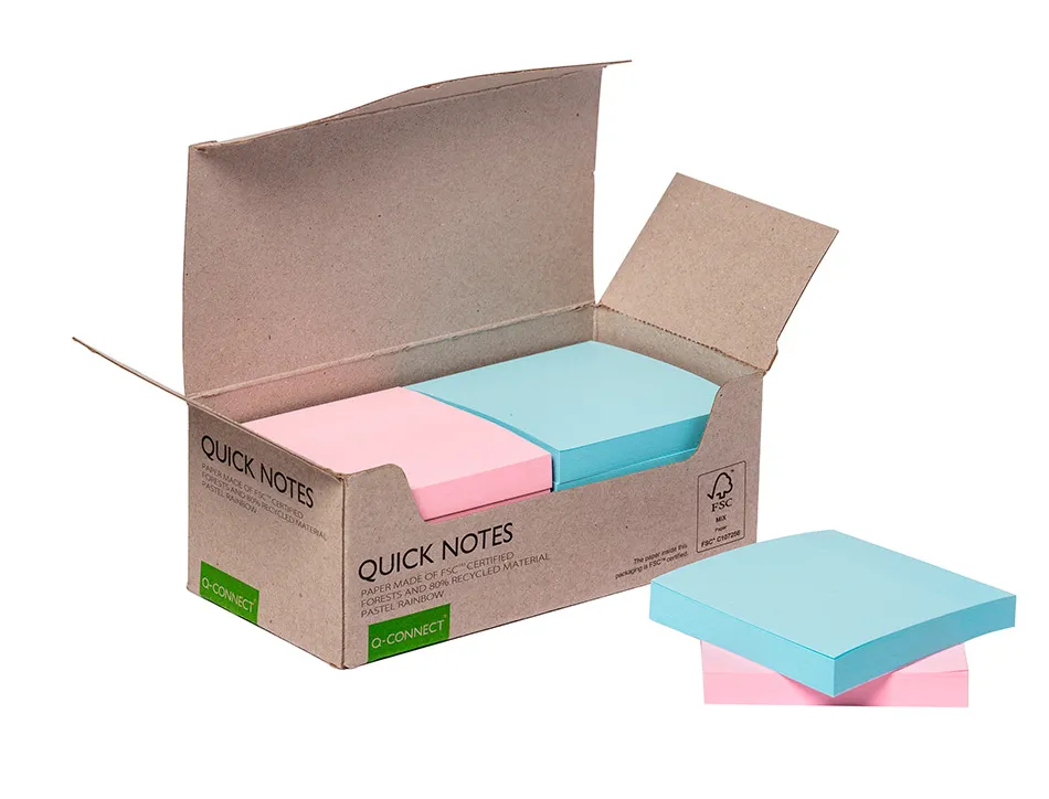 Bloc notes q-connect quick notes 76x76mm 100f adhesives repositionables monochrome rose ou bleu pastel pack 12 unites