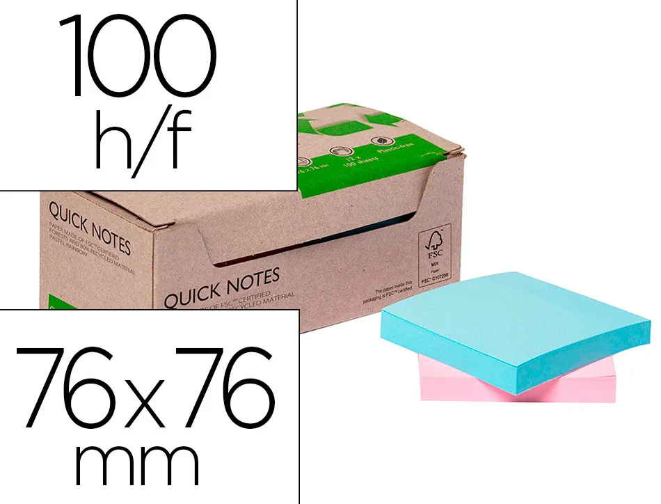 Bloc notes q-connect quick notes 76x76mm 100f adhesives repositionables monochrome rose ou bleu pastel pack 12 unites