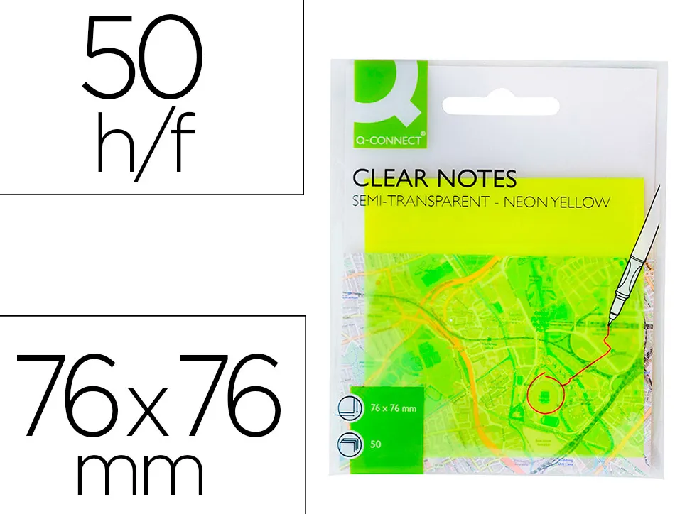 Bloc notes q-connect 76x76mm 50f semi-transparentes adhesives repositionables coloris jaune fluo