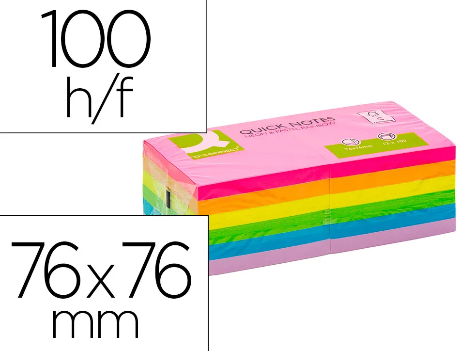 Bloc notes q-connect 76x76mm 100f adhesives repositionables coloris fluo et pastel assortis pack 12 unites