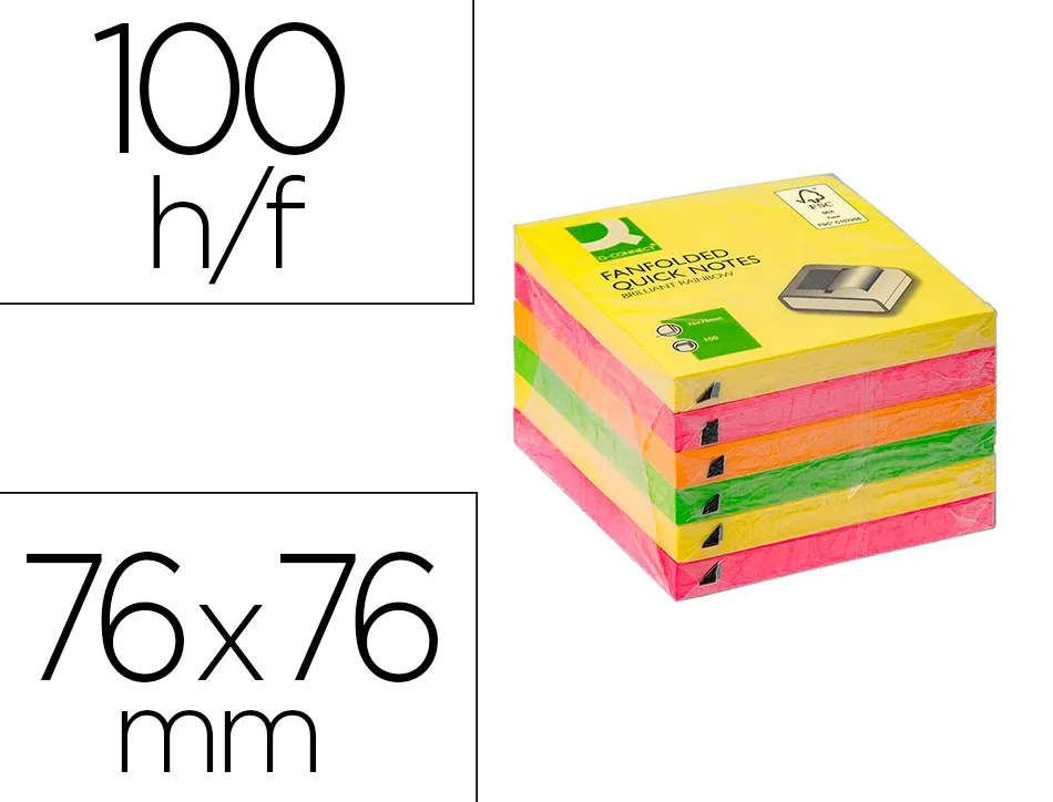 Bloc notes q-connect 76x76mm 100f adhesives repositionables zig-zag coloris neon lot de 6
