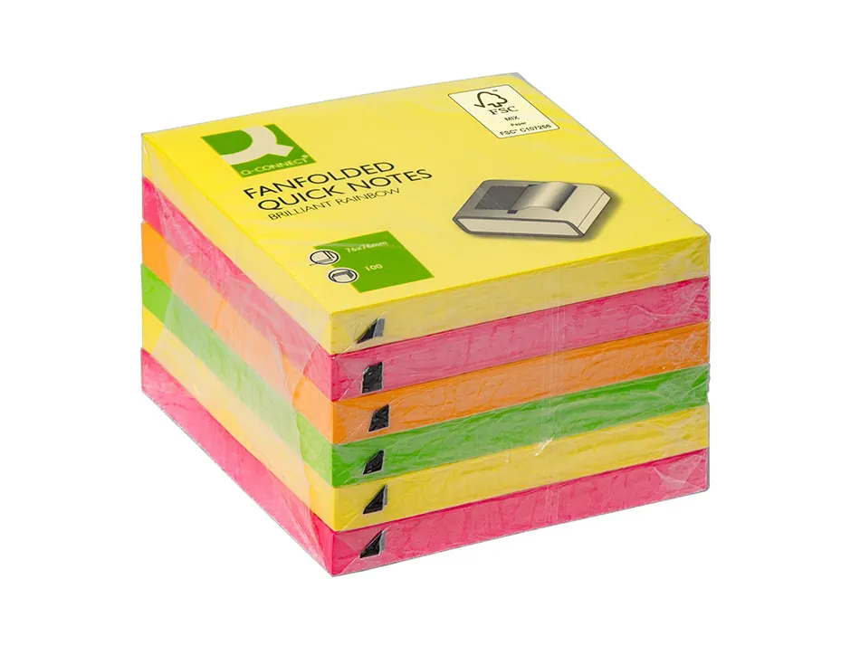 Bloc notes q-connect 76x76mm 100f adhesives repositionables zig-zag coloris neon lot de 6