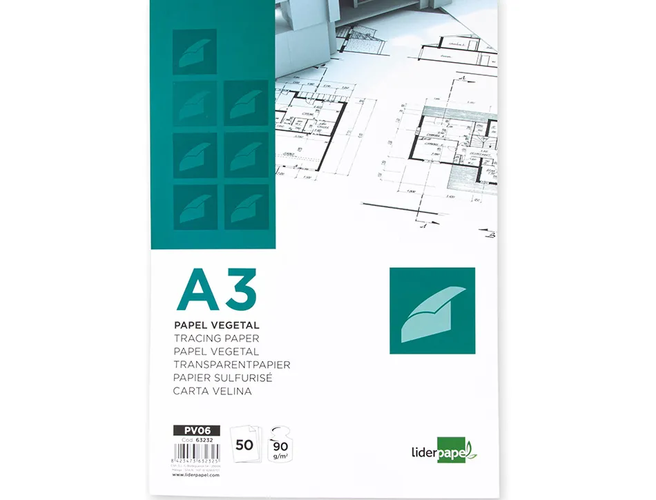Bloc papier calque liderpapel encollé a3 297x420mm 50 feuilles 90g/m2