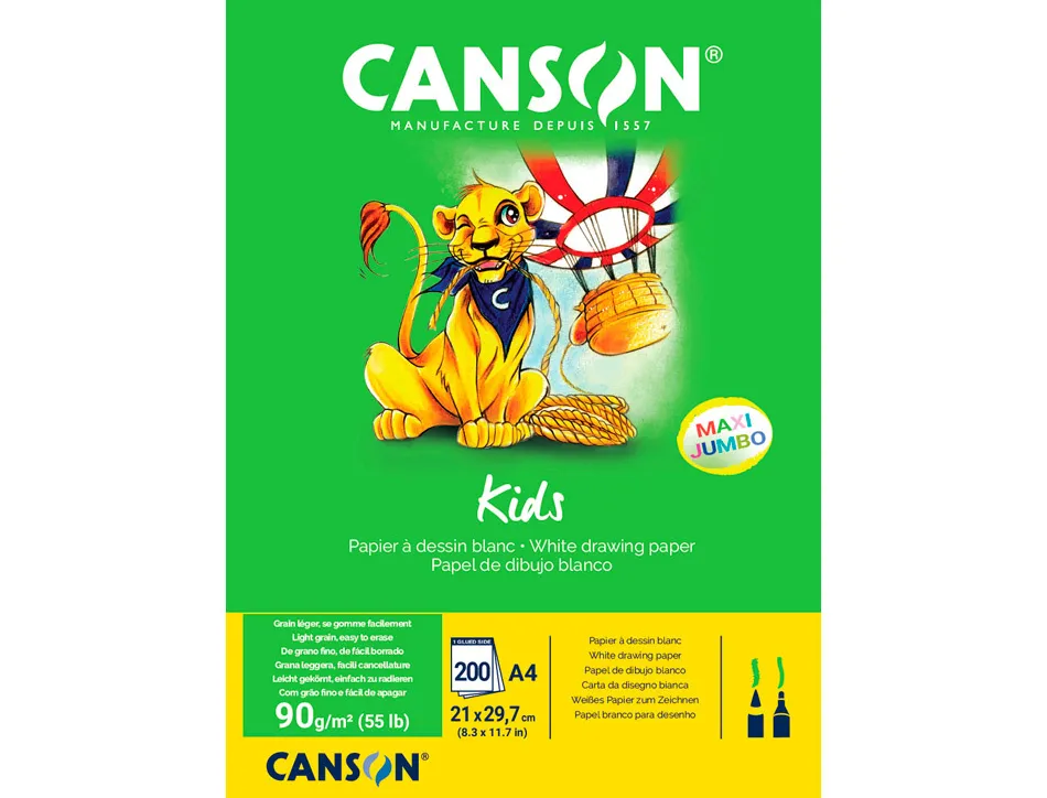 Bloc papier canson kids drawing 210x297mm 200 feuilles 90g coloris blanc
