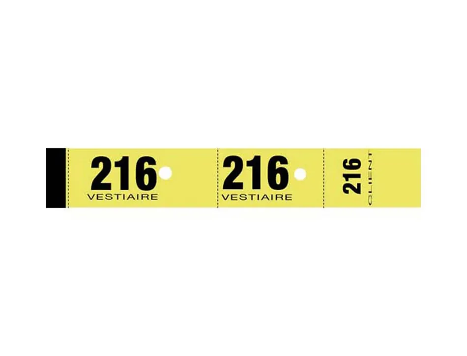 Bloc vestiaire piqué elve 3 coupons perforés détachables numérotés 1/1000 30x200mm 50 feuillets coloris jaune