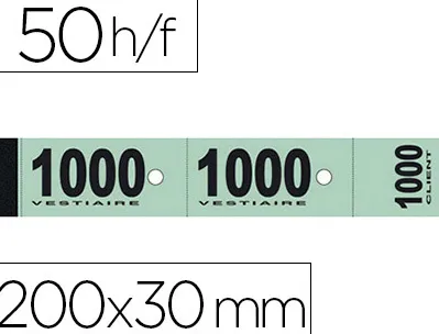 Bloc vestiaire piqué elve 3 coupons perforés détachables numérotés 1/1000 30x200mm 50 feuillets coloris vert