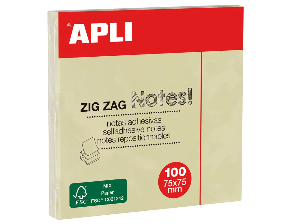 Bloc-notes apli adhésif zig-zag 75x75mm 100f repositionnables coloris jaune
