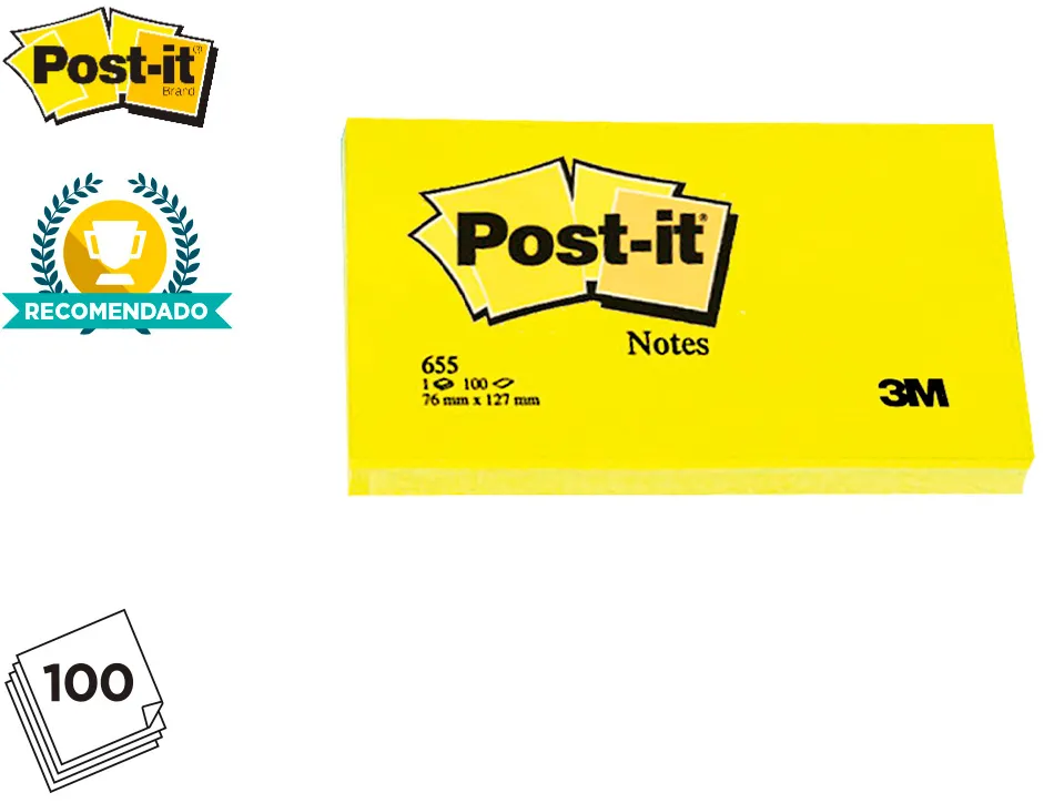 Bloc-notes post-it 655 76x127mm 100f/bloc repositionnables coloris jaune