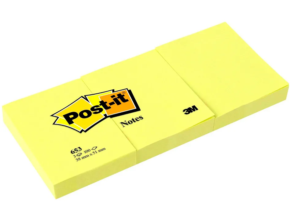 Bloc-notes post-it 653 51x38mm 100f/bloc repositionnables coloris jaune étui 3 blocs