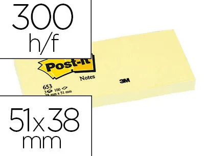 Bloc-notes post-it 653 51x38mm 100f/bloc repositionnables coloris jaune étui 3 blocs