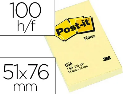 Bloc-notes post-it 656 51x76mm 100f/bloc repositionnables coloris jaune 656-cy