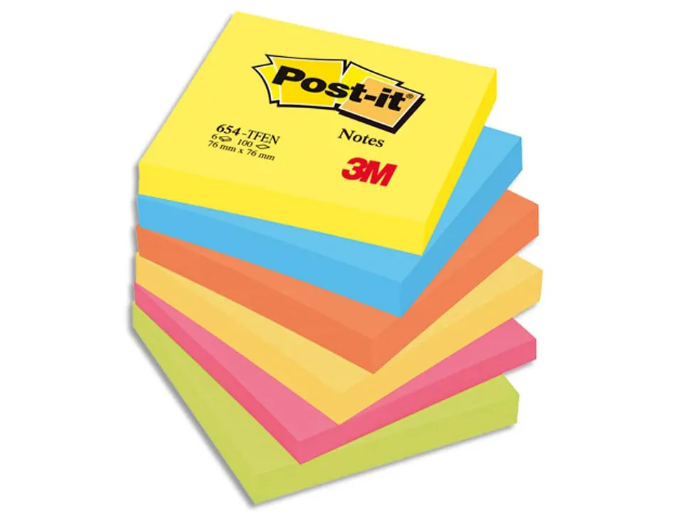 Bloc-notes post-it couleurs énergiques 76x76mm 100f repositionnables 5 coloris assortis 6 blocs 7100296019