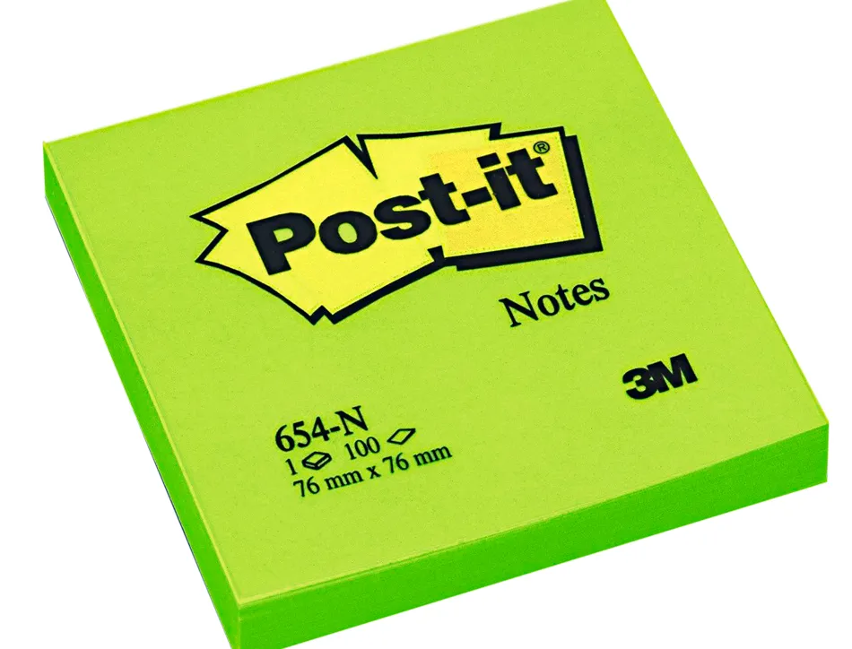 Bloc-notes post-it couleurs néon 76x76mm 100f repositionnables coloris vert fluo