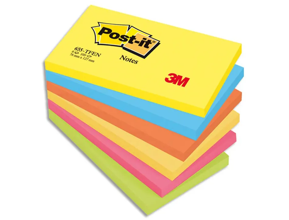 Bloc-notes post-it couleurs énergiques 76x127m 100f repositionnables 5 coloris assortis 6 blocs