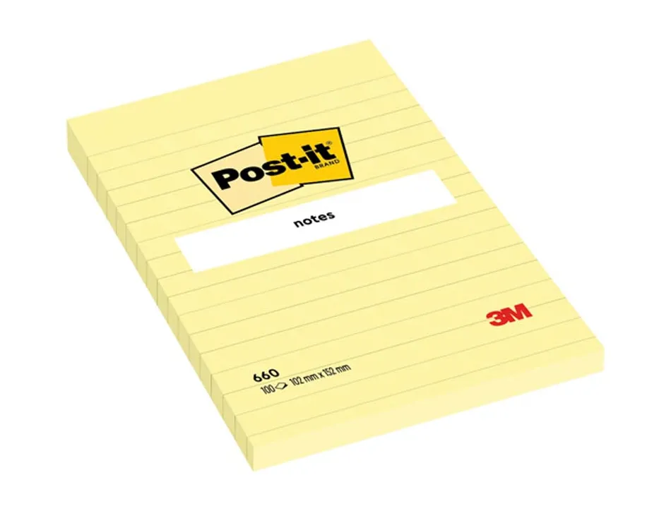 Bloc-notes post-it grand format 102x152mm 100f lignées repositionnables coloris jaune