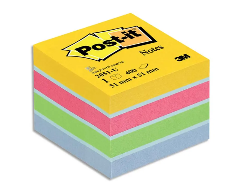 Bloc-notes post-it mini 51x51mm 400f 4 coloris fluo jaune rose bleu vert