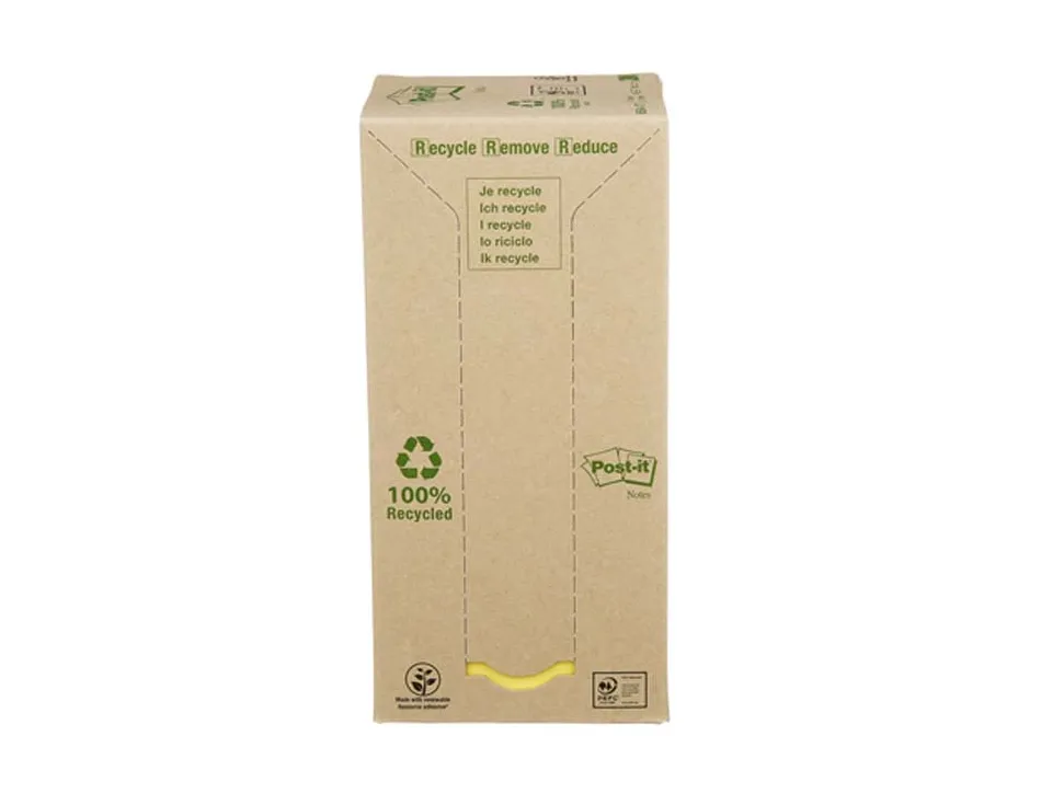 Bloc-notes post-it papier recyclé 76x76mm 100f/bloc repositionnables coloris jaune tour 16 blocs